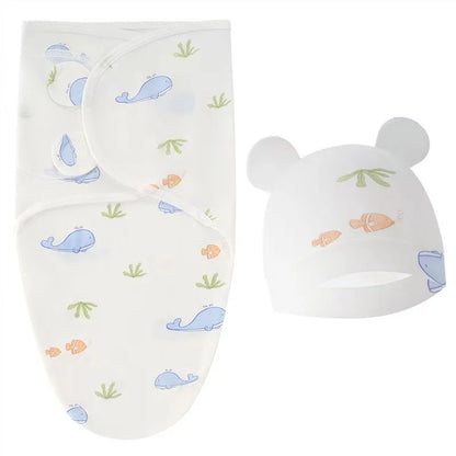 Baby Blanket Hat Set Cartoon Printed Cotton Newborn Swaddle Adjustable Infant Sleeping Swaddle Wraps All Seasons 0-6 Months