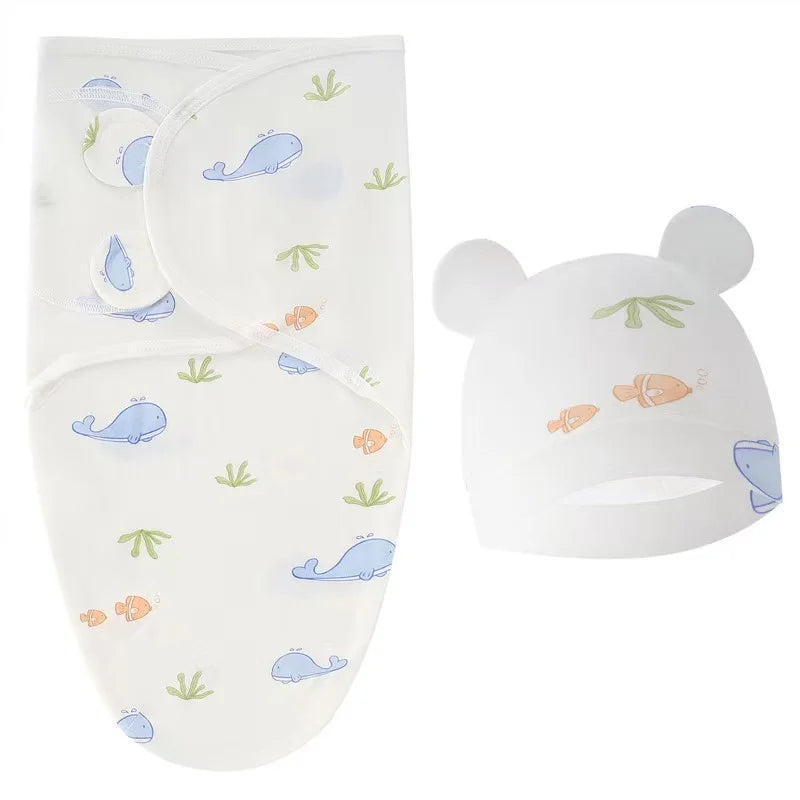 Baby Blanket Hat Set Cartoon Printed Cotton Newborn Swaddle Adjustable Infant Sleeping Swaddle Wraps All Seasons 0-6 Months