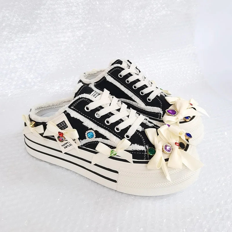 High Quality Shiny Sequined Slippers Flat Shoes Crystal Pearl Studs Canvas Shoes Loafers Shiny Women's Vulcanized Slippers