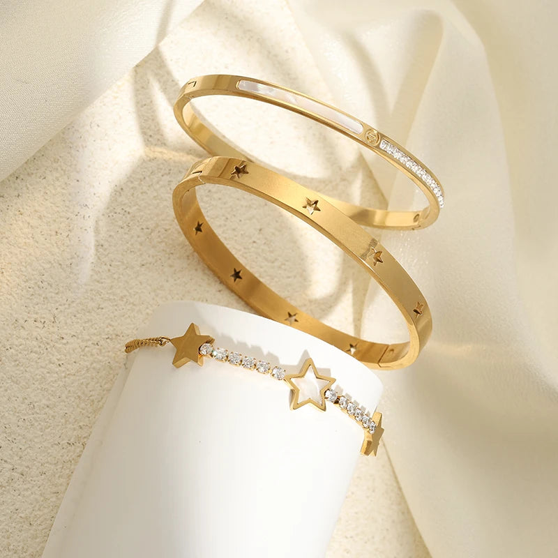 Luxury Star Shaped Stainless Steel Bracelet Set Fashionable Decorative Daily Party Jewelry Gift For Women Men