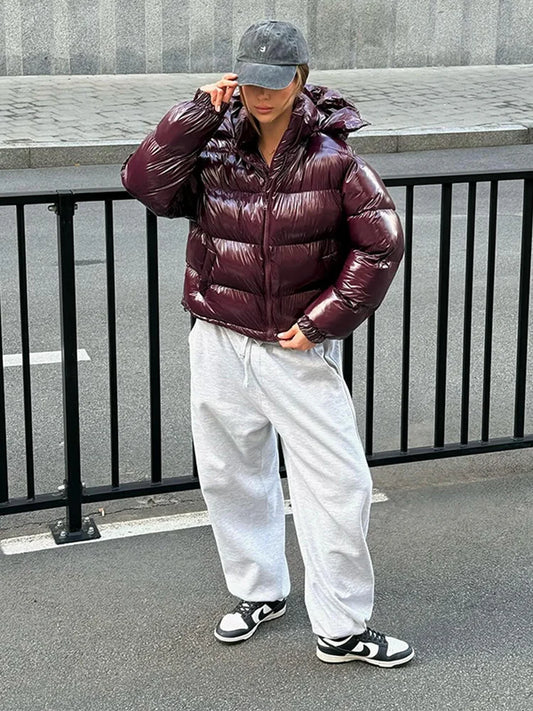 High Street Women's Glossy Zipper Hooded Coats Warm Elastic Waist Pleated Short Cotton Female Jacket 2026 Winter New Lady Outfit