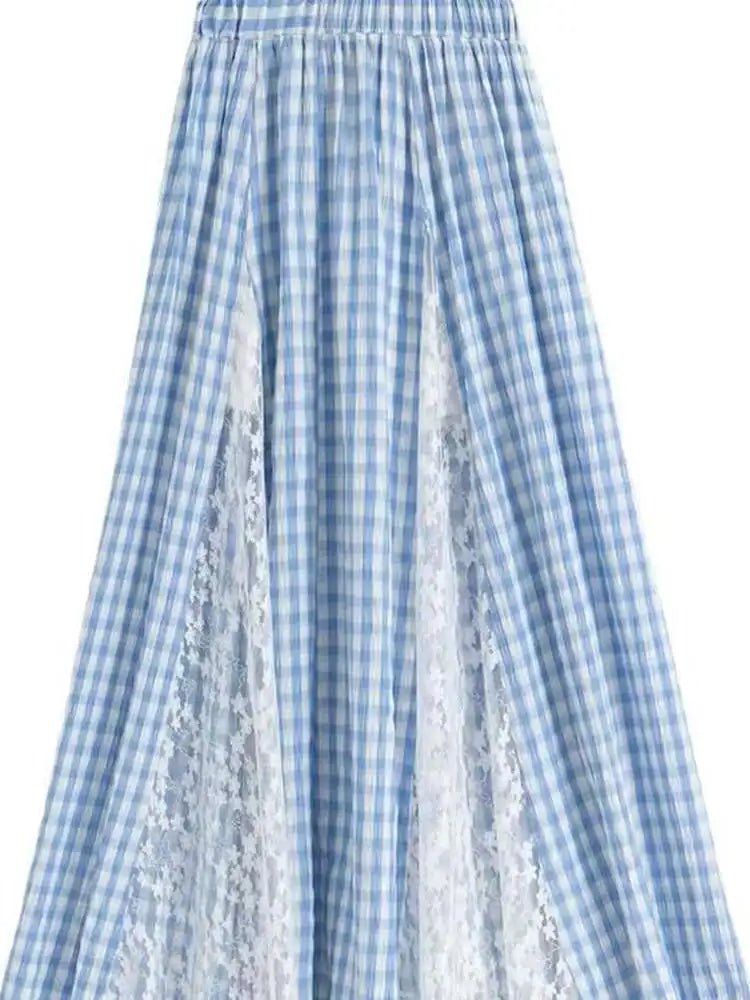 Elegant Blue Plaid Lace Patchwork High Waist Midi Skirt Slimming Unique Design Korean Style Casual Commute Long Skirt