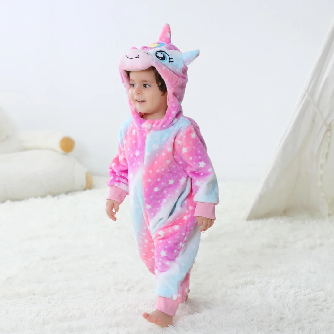 Unicorn Baby Jumpsuits with Hat Flannel Toddler Rompers for Boys Girls Long Sleeves Onesies Soft Breathable One-Piece Pajamas
