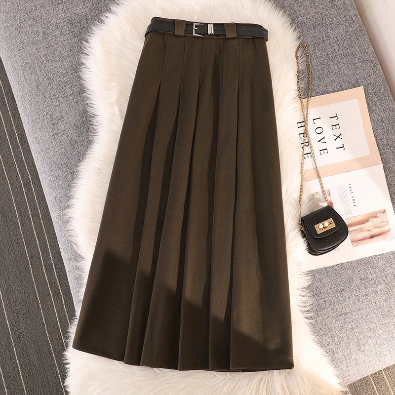 Grey woolen pleated skirt for women in autumn and winter skirt high waisted casual large hemA-line medium length skirt