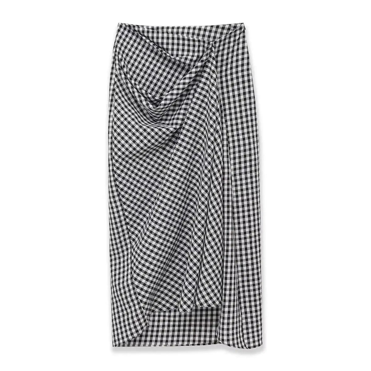 2026 Spring Summer Fashion Women's Plaid Straight High Waist Long Midi Skirts Lady Vintage Chic Pleated Trendy Side Slit Dress