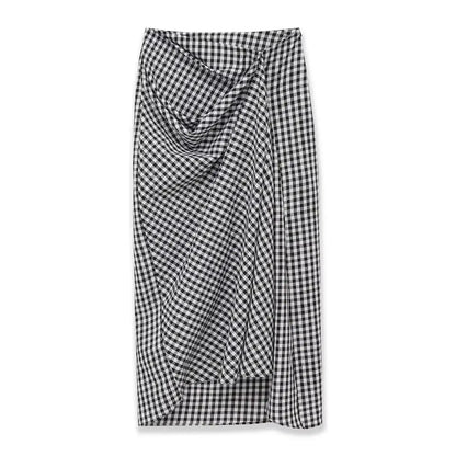 2026 Spring Summer Fashion Women's Plaid Straight High Waist Long Midi Skirts Lady Vintage Chic Pleated Trendy Side Slit Dress