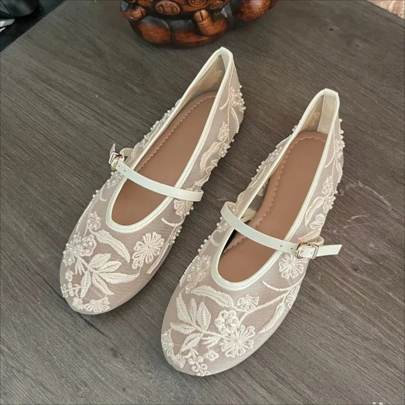 Women's Embroidered Mesh Mary Jane Flats