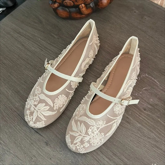 Women's Embroidered Mesh Mary Jane Flats