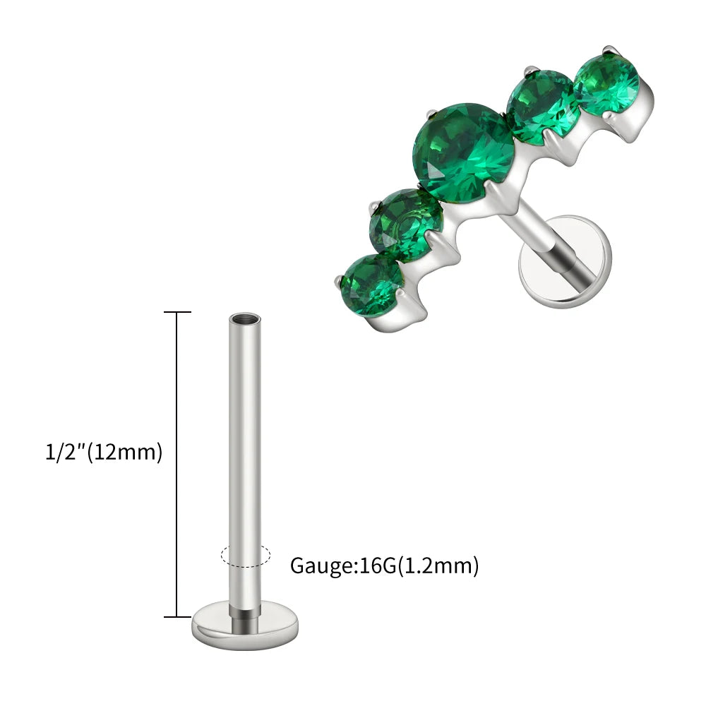 Right Grand ASTM F136 Titanium 16G CZ Cluster Flat Back Labret Stud Curved CZ Bar Climber Earring Helix Cartilage Stud Piercing