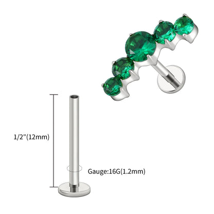 Right Grand ASTM F136 Titanium 16G CZ Cluster Flat Back Labret Stud Curved CZ Bar Climber Earring Helix Cartilage Stud Piercing
