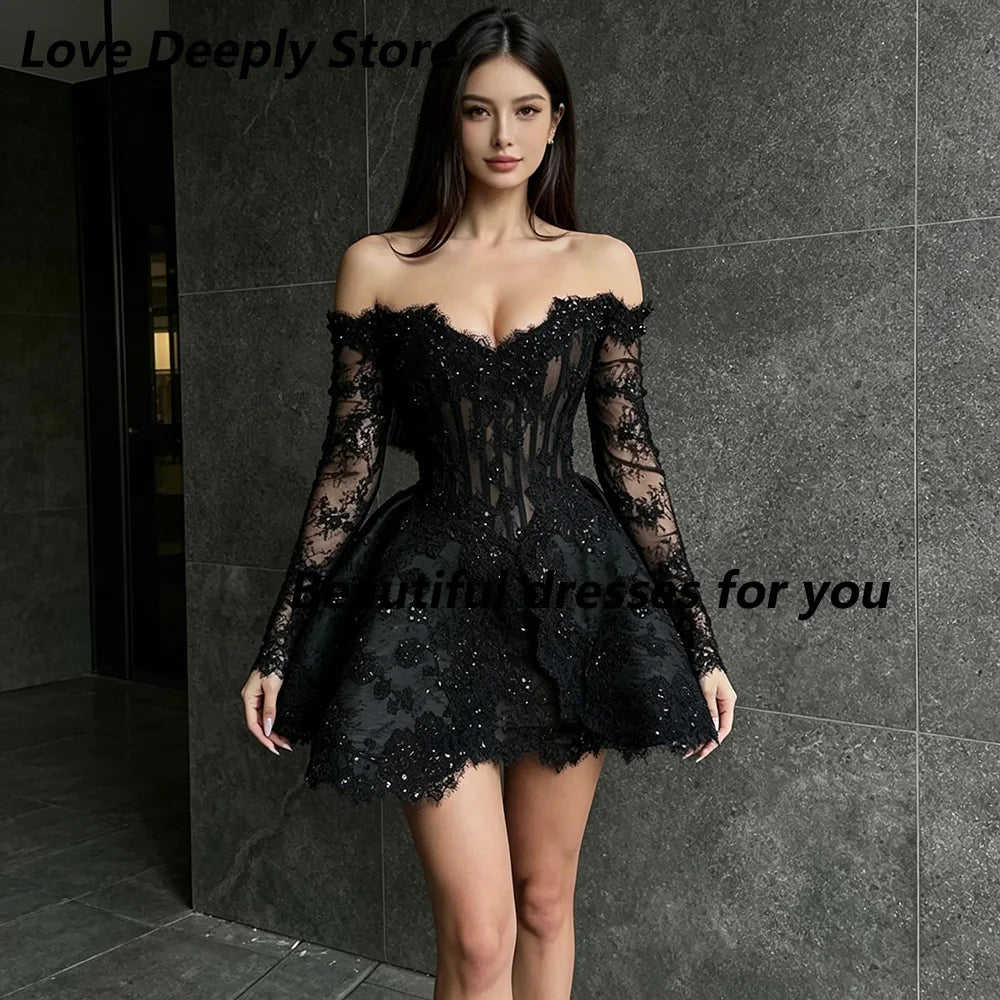 Black Lace Mini Cocktail Dresses for Woman Customized Sweetheart Neck 3/4 Sleeves Beading Luxury Prom Party Gowns 2026