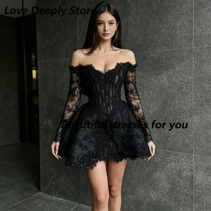 Black Lace Mini Cocktail Dresses for Woman Customized Sweetheart Neck 3/4 Sleeves Beading Luxury Prom Party Gowns 2026
