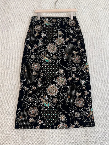 Designer Fashion Winter Women Casual Long Beading Embroidery Sequined Skirt High Waist Vintage Elegant Lady Floor Length Skirts