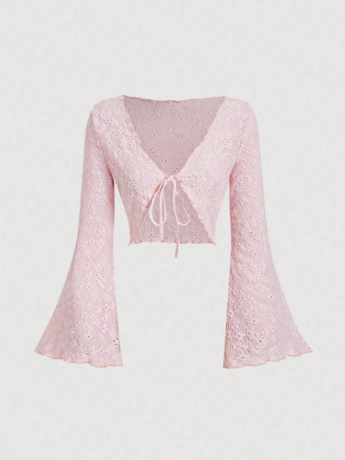 Women Eyelet Lace Flare Sleeve Crop Cardigan Front Tie V Neck Scalloped Edge Solid Black Summer Cover Up Shrug Top