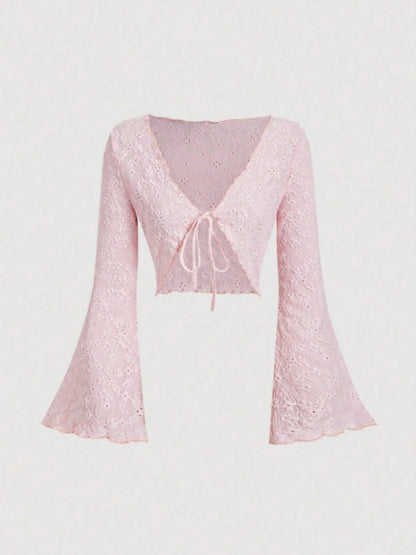 Women Eyelet Lace Flare Sleeve Crop Cardigan Front Tie V Neck Scalloped Edge Solid Black Summer Cover Up Shrug Top