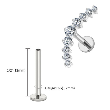 Right Grand ASTM F136 Titanium Arc CZ Cluster Labret Curved Bar Flat Back Stud Earring Helix Cartilage Conch Piercing Jewelry