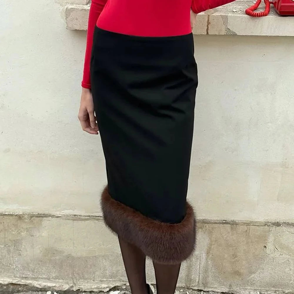 LIMO Women Midi Pencil Skirt Faux Fur Hem Elegant High Waist Winter Thick Bodycon Skirt