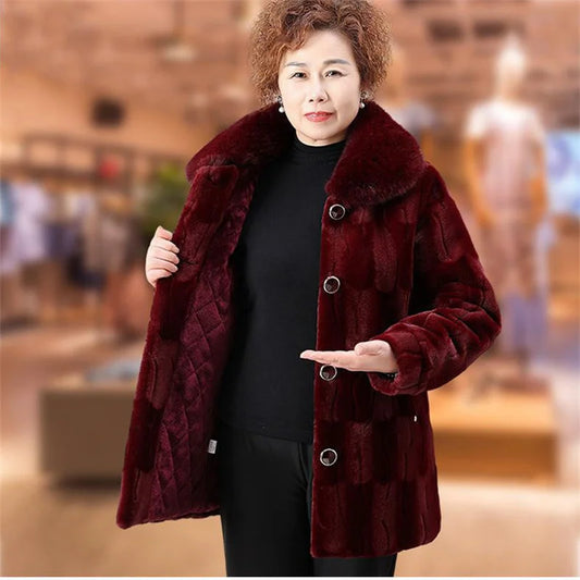Grandma's Winter Jacket New Imitation Mink Fur Coat Mid Length Elderly Mother Add Velvet Thicken Warm Parkas Women Overcoat 6XL
