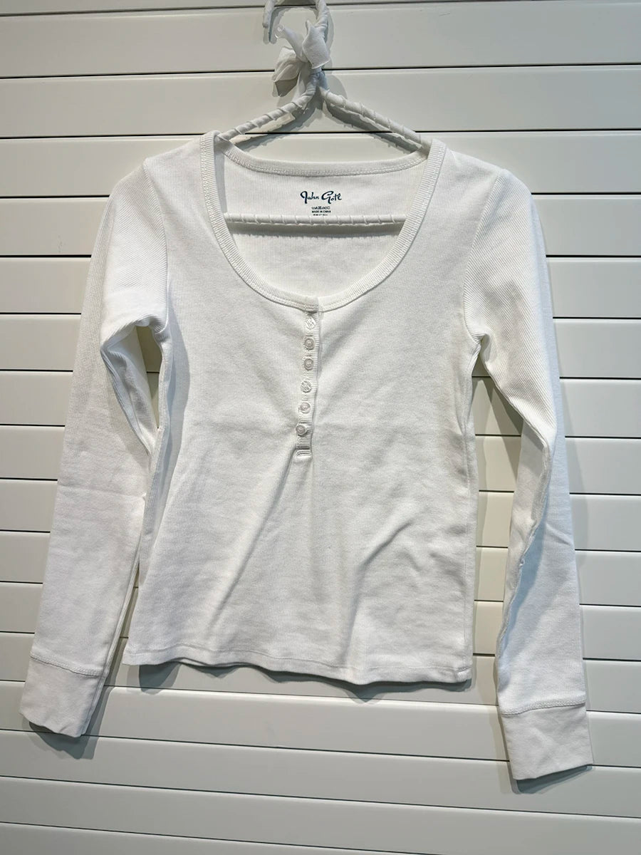Retro White Ribbed Button T-shirts Women Spring Cotton Round Neck Long Sleeve Tees Female Y2k Streetwear Casual T Shirt Tops