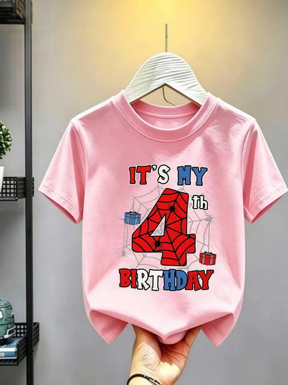1-10 Years Birthday Spiderweb Gift Hero Print Cotton Short-Sleeve T-Shirt, Suitable for Boys and Girls Daily Wear