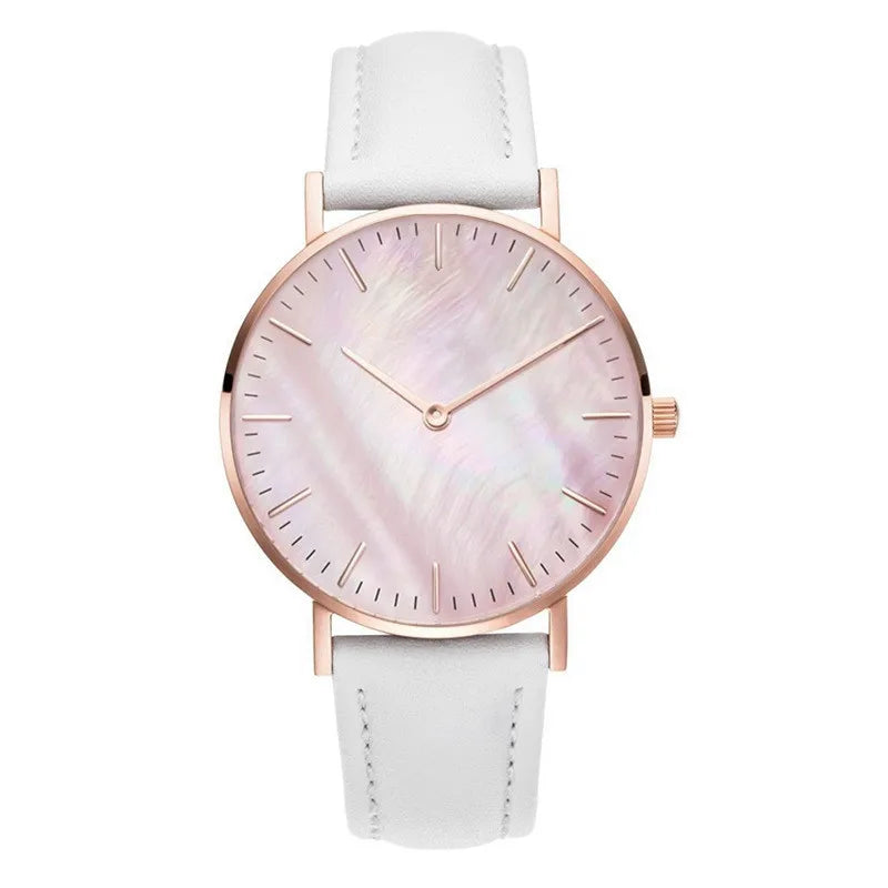 Elegant Pink Shell Dial Women's Watch Minimalist Quartz Ladies Wristwatch with Leather Strap Fashion Woman Watches Gift Reloj