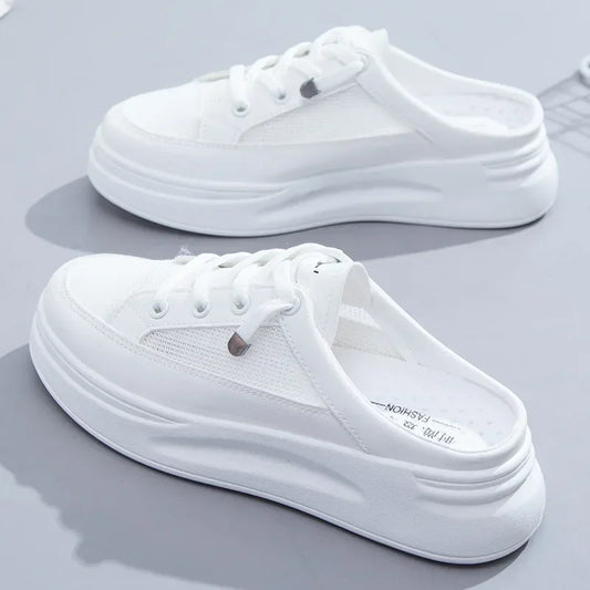 2024 Summer New Baotou Mesh Breathable White Shoes Fashionable Casual Half Slippers Round Toe Women's Sandals NO:M12