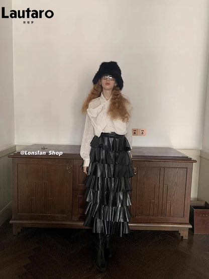 Lautaro Spring Autumn Black Pu Leather Midi Tiered Skirt Women with Elastic High Waist Long Elegant Luxury Designer Clothes 2023
