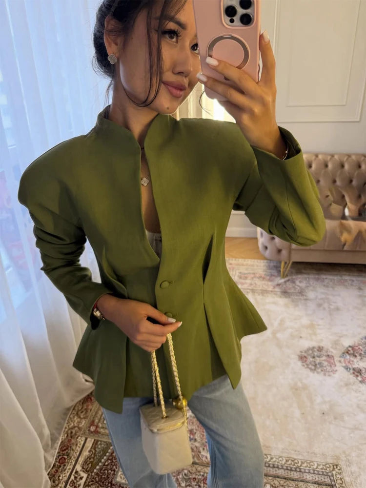 Women's Solid Elegant Ruffle Coats Chic Hollow-out V-neck Full Sleeve Waist-cinching Coat 2026 Spring Lady Highstreet Outwear