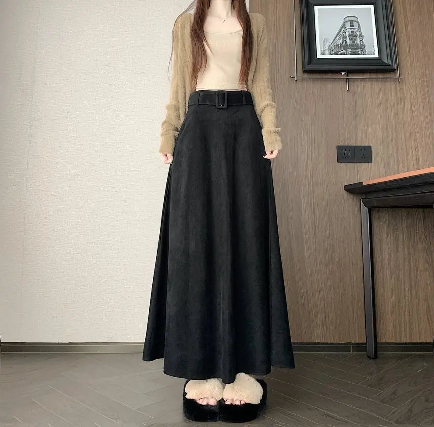Qiukichonson Mid Long Skirts Womens Suede Skirt 2026 Autumn Winter Korea Vintage High Waist Ruffle Pleated Skirts Maxi With Belt