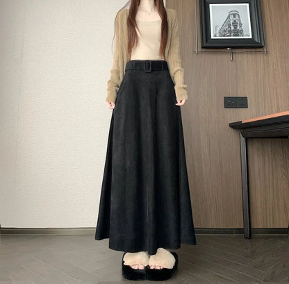 Qiukichonson Mid Long Skirts Womens Suede Skirt 2026 Autumn Winter Korea Vintage High Waist Ruffle Pleated Skirts Maxi With Belt