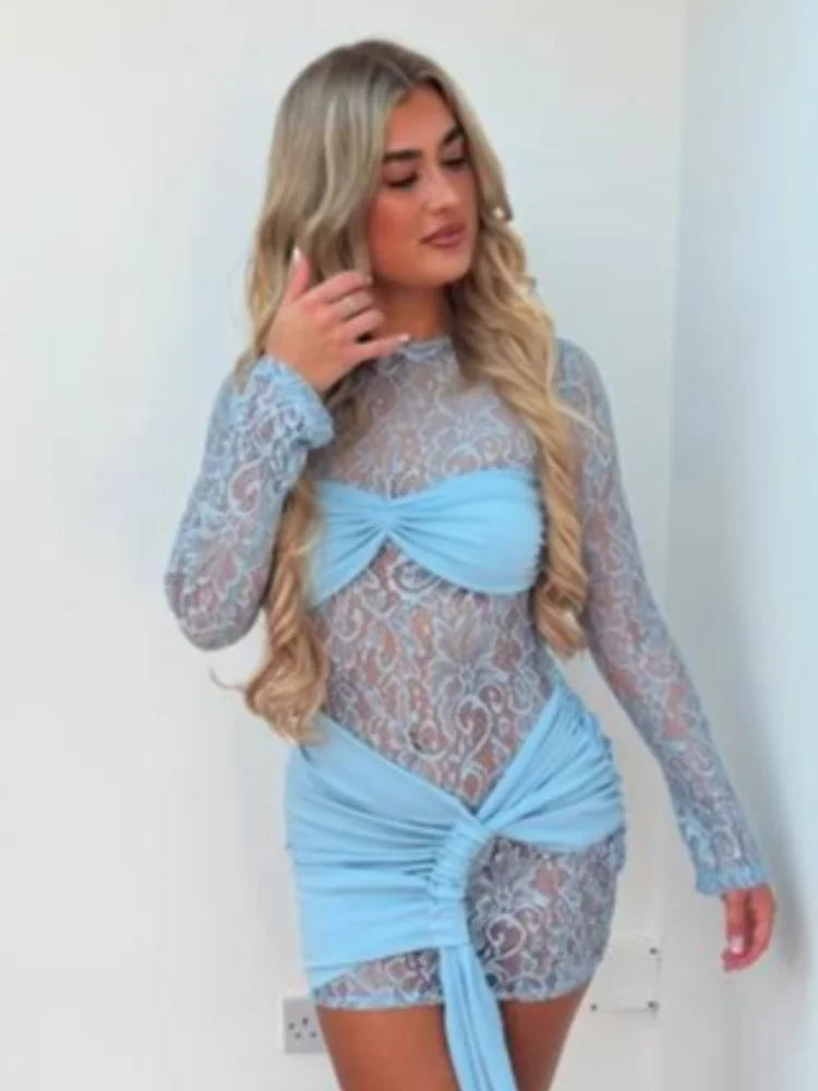 Women Sheer Mesh Light Blue Lace Mini Dress Long Sleeve Twist Front Ruched Skirts Detachable Drape Bodycon Summer Party Outfit