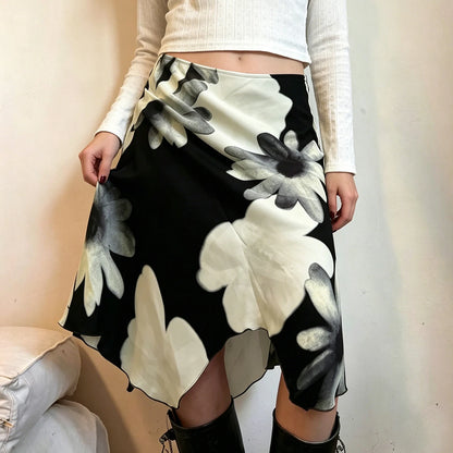 SUCHCUTE Y2K Floral Print Mesh Asymmetrical Skirt Woman Low Rise Midi A-line Skirts Aestheics 2000s Clothing Summer Outfit 2026