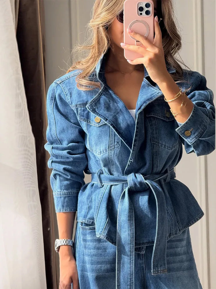 Elegant Belt Denim Jacket Women's Pants Sets Lapel Full Sleeve Pockets Coats Wide Leg Pant 2026 Autumn Lady Commute Suits