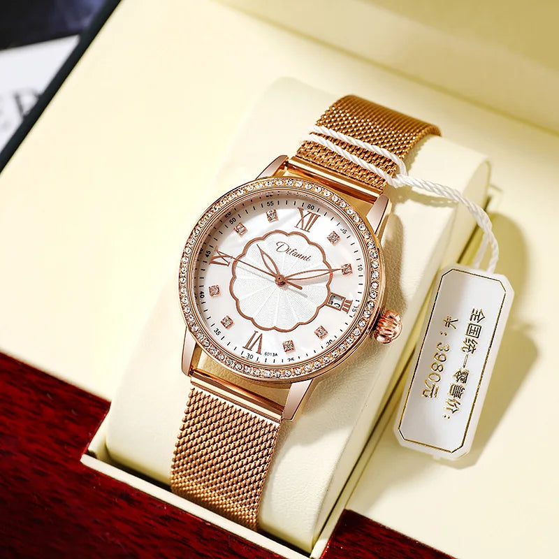 Stainless Steel Pearl Shell Design Diamond Luminous Waterproof Self-Wind Automatic Mechanical Watch for Women