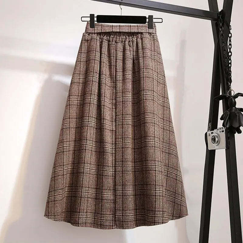 Plaid Striped Vintage A-line High Waist Buttons Lace Up Loose Women's Skirt Mid-Calf Long Skirts For Women Clothing Fashion 2024
