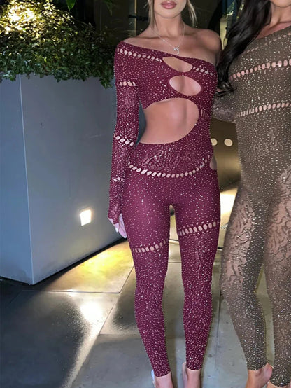 Sexy Long Sleeve Rhinestone Bodycon Jumpsuit Women Body Bodysuit Birthday Party Club Hollow Out Outfits Womens Jumpsuits Overall