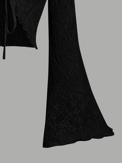 Women Eyelet Lace Flare Sleeve Crop Cardigan Front Tie V Neck Scalloped Edge Solid Black Summer Cover Up Shrug Top