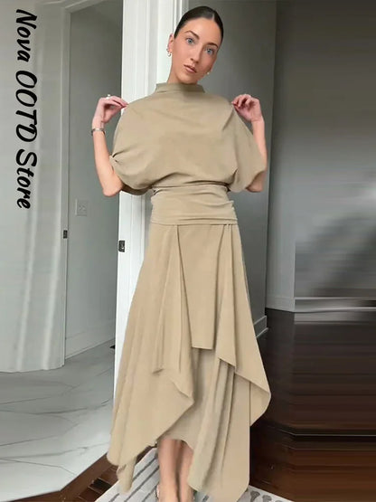 Elegant Irregular Hem Skirt Set Women Short Sleeve Half High Collar Top Loose Long Skirt 2026 Summer Lady New Casual Chic Outfit
