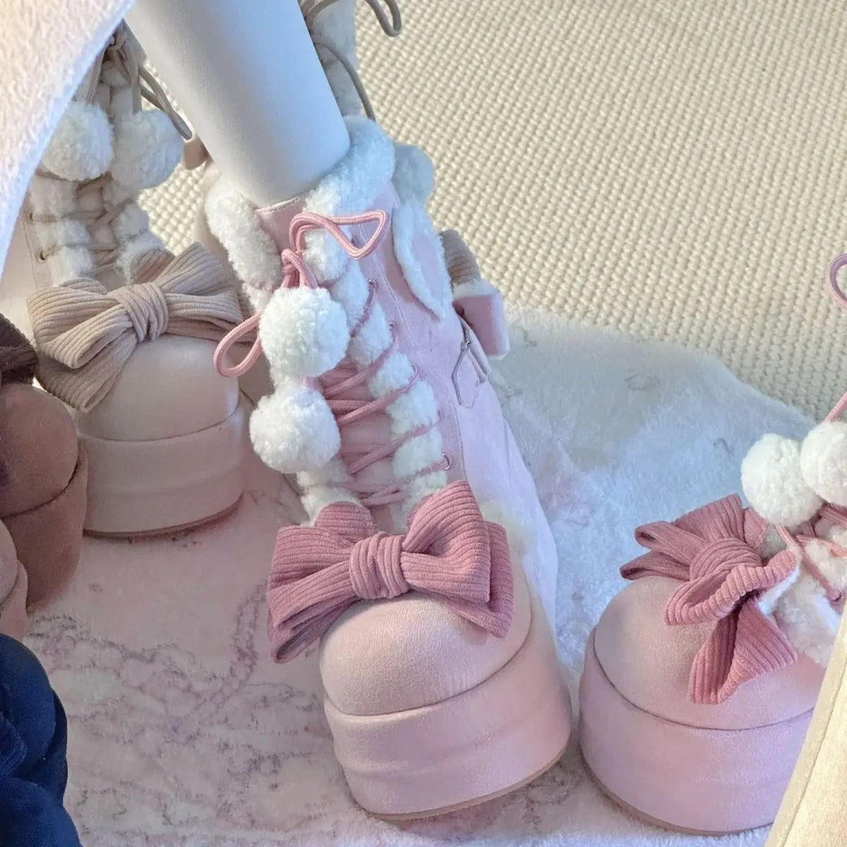 Sweet Winter Girls Lolita Mid-Calf Snow Boots,Cute Female Students Plush Warm Bowknots Lace Up Wedge Heel Heightening Shoes