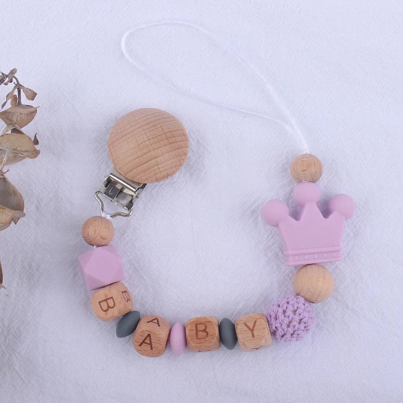 Handmade Beech Wood Baby Pacifier Chain Crown Silicone Beads Infant Appease Soother Clips Anti-Drop Dummy Holder Nipple Clip