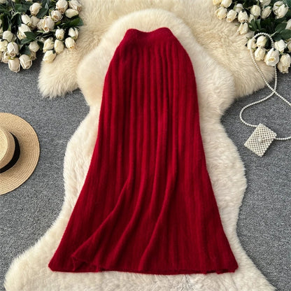 KARWomen Faux Mink Knit Pleated Midi Skirt High Waist Warm Fluffy A-Line Long Skirt Elegant Autumn Winter Solid Color Skirts 690