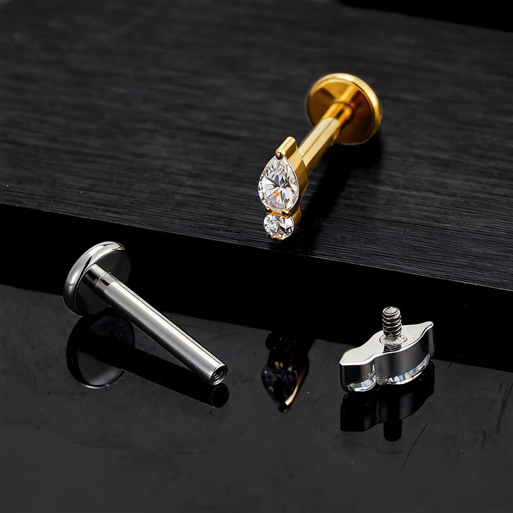 Right Grand ASTM F136 Titanium Teardrop Opal Cartilage Earring 16G Tiny Round CZ Forward Helix Labret Stud Piercing Jewelry