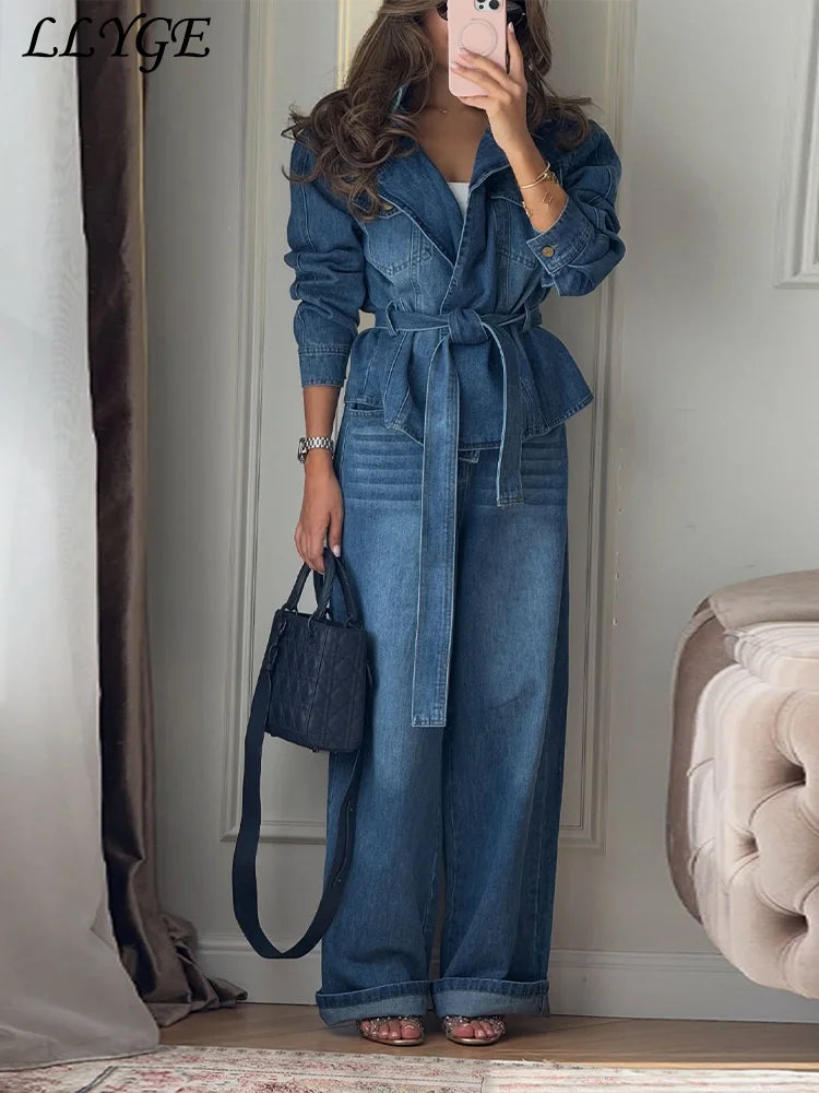 Elegant Belt Denim Jacket Women's Pants Sets Lapel Full Sleeve Pockets Coats Wide Leg Pant 2026 Autumn Lady Commute Suits