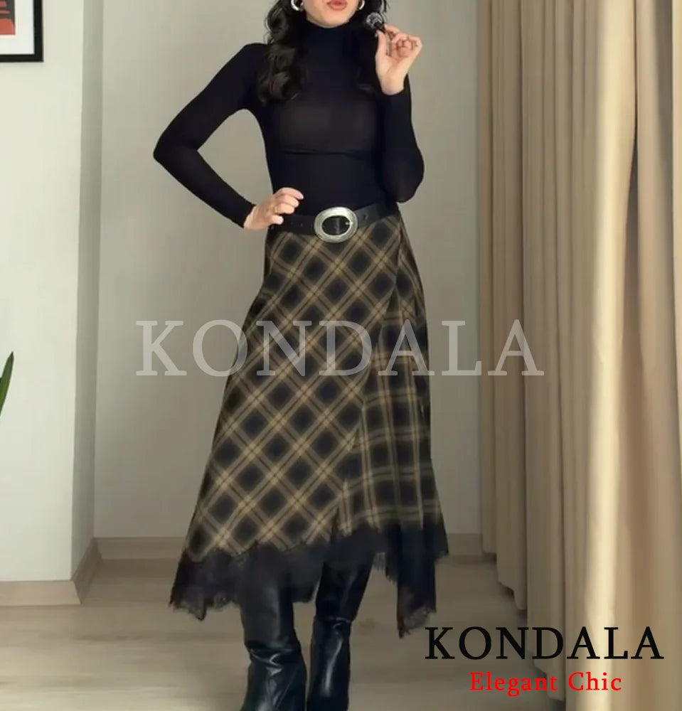 KONDALA Vintage Chic Lady Midi Skirt Plaid Lace Long Skirt Women New 2026 Spring Summer Elegant Commute Dinner Party Lady Skirt