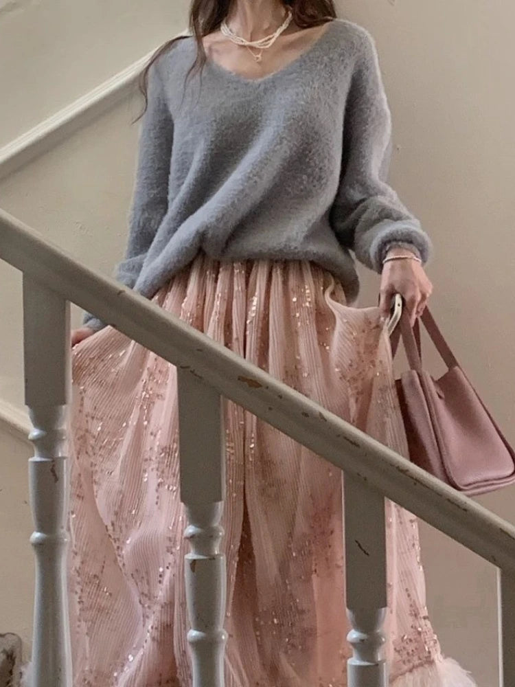 American Vintage Pink Sequin Maxi Skirt Women High Waist Slim Fit Long Skirt Feather Hem Elegant Sweet Shiny Party Date Outfit