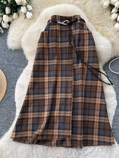 Retro Plaid Splicing A-Line Midi Skirt Women's High Waist Slimming Commute Elastic Waist Skirts Korean Style City Commute