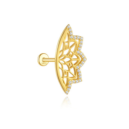 AIDE 925 Sterling Silver Shiny Hollow Lotus Flower Crown Flat Back Internal Thread Piercing Earring For Women INS Dainty Luxury