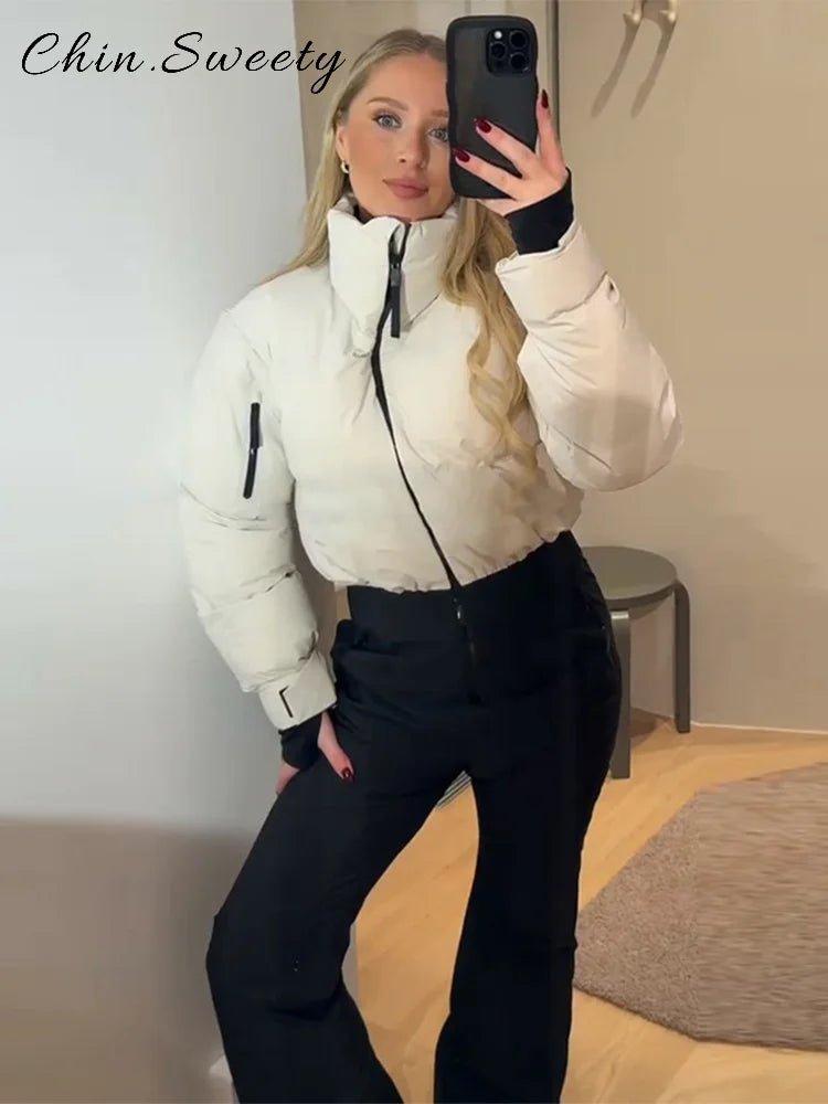 Warm Women's Skiwear Jumpsuit With Belt Stand Collar Full Sleeve Zipper Straight Thicken Jumpsuits 2026 Winter Lady Chic Clothes