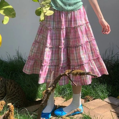 Korean Style Fashion Vinntage Y2K Pink Plaid Ruffle A-Line Midi Skirt Summer Sweet Kawaii Cute High Waist Long Skirts for Women