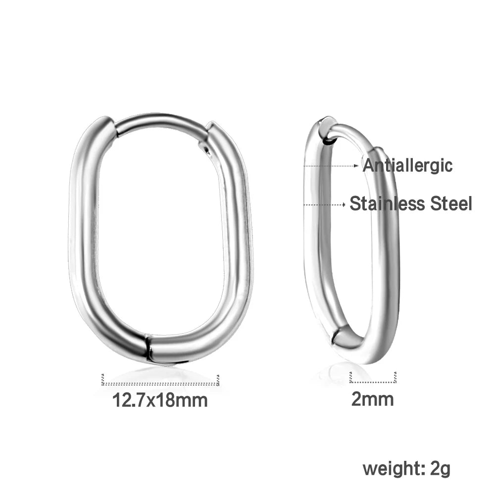 LUXUSTEEL Simple Rectangle U-Shaped Round Cirlcle Hoop Earrings For Women 12/14/16MM Anti-allergy Earrings